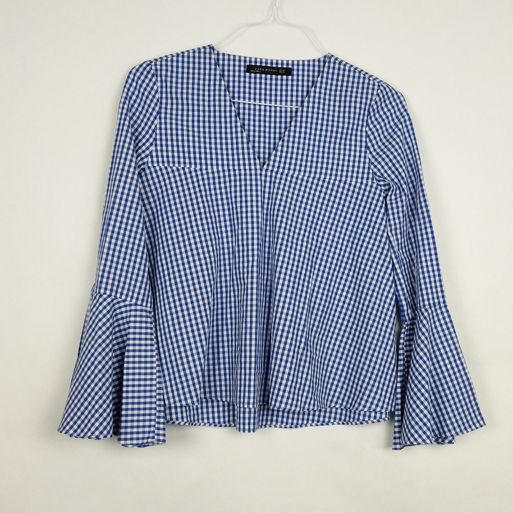Zara Gingham Long Bell Sleeve V-Neck Top Blouse